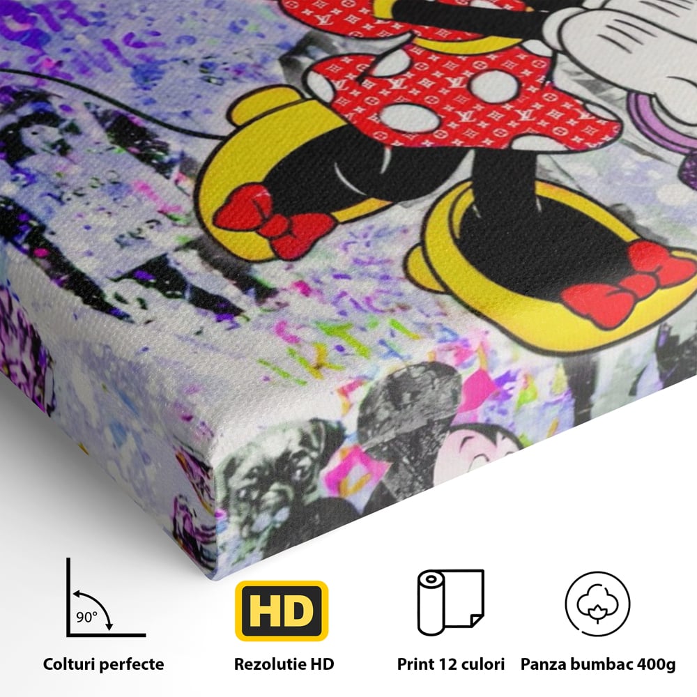 Detaliu al suprafetei: tablou canvas cu minnie mouse stil pop art, fara rama, pe sasiu de lemn
